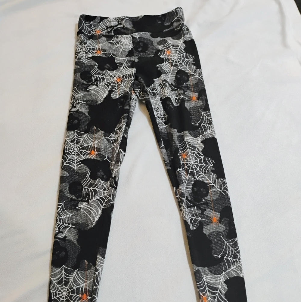 Time and Tru Black Leggings with White Spiderweb and Orange Accent Print